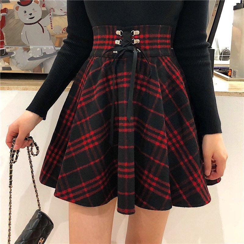 Gothic Harajuku Red Black Lace Up Plaid Skirt