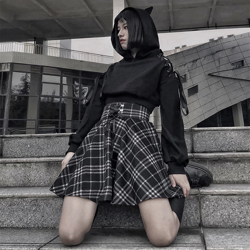 Gothic Harajuku Black White Lace Up Plaid Mini Skirt