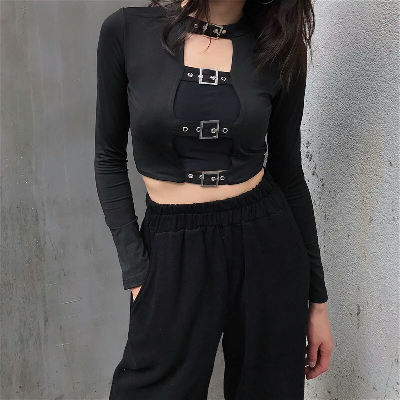 Gothic Buckle Hollow Out Front Long Sleeve Crop Top