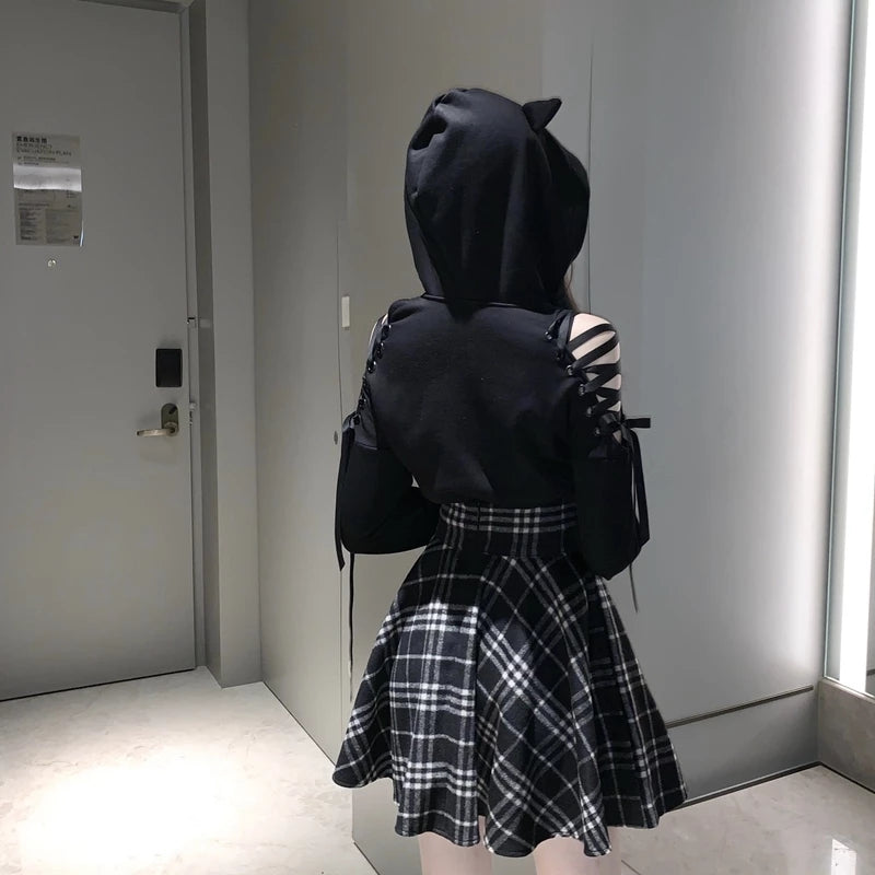 Gothic Harajuku Black White Lace Up Plaid Mini Skirt