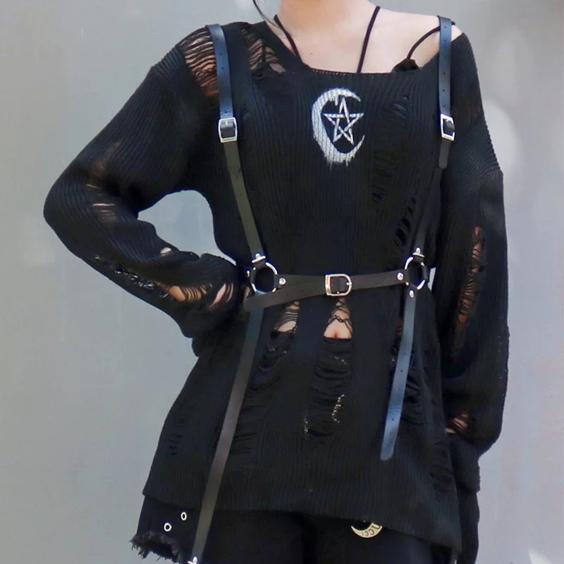 Gothic Moon Star Ripped Knitted Pullover Top