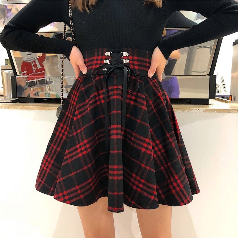 Gothic Harajuku Red Black Lace Up Plaid Skirt