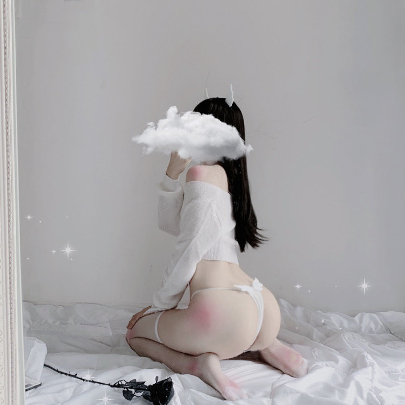 Gothic Cosplay Sexy Devil Angel Crop Sweater Top Thong Headband Lingerie Set