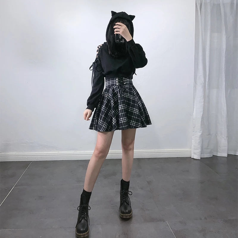 Gothic Harajuku Black White Lace Up Plaid Mini Skirt