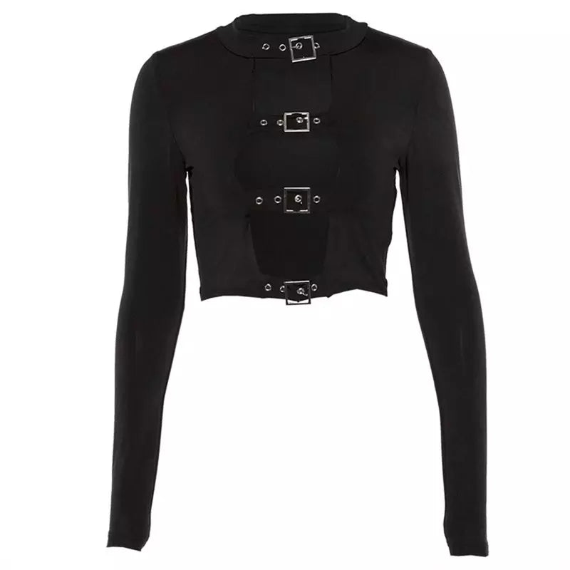 Gothic Buckle Hollow Out Front Long Sleeve Crop Top