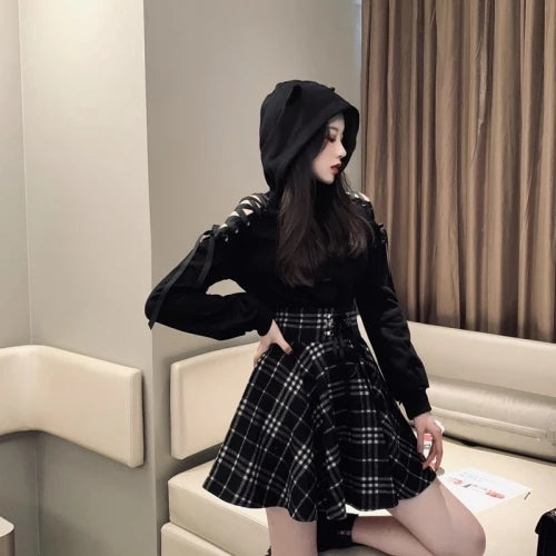 Gothic Harajuku Black White Lace Up Plaid Mini Skirt