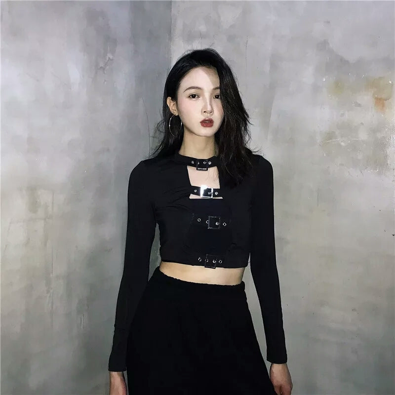 Gothic Buckle Hollow Out Front Long Sleeve Crop Top