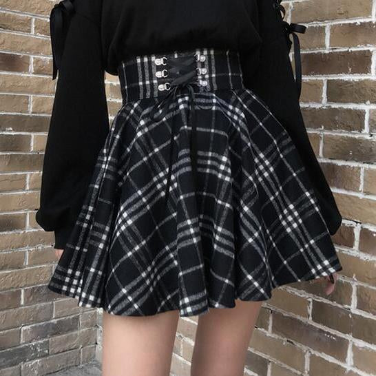 Gothic Harajuku Black White Lace Up Plaid Mini Skirt