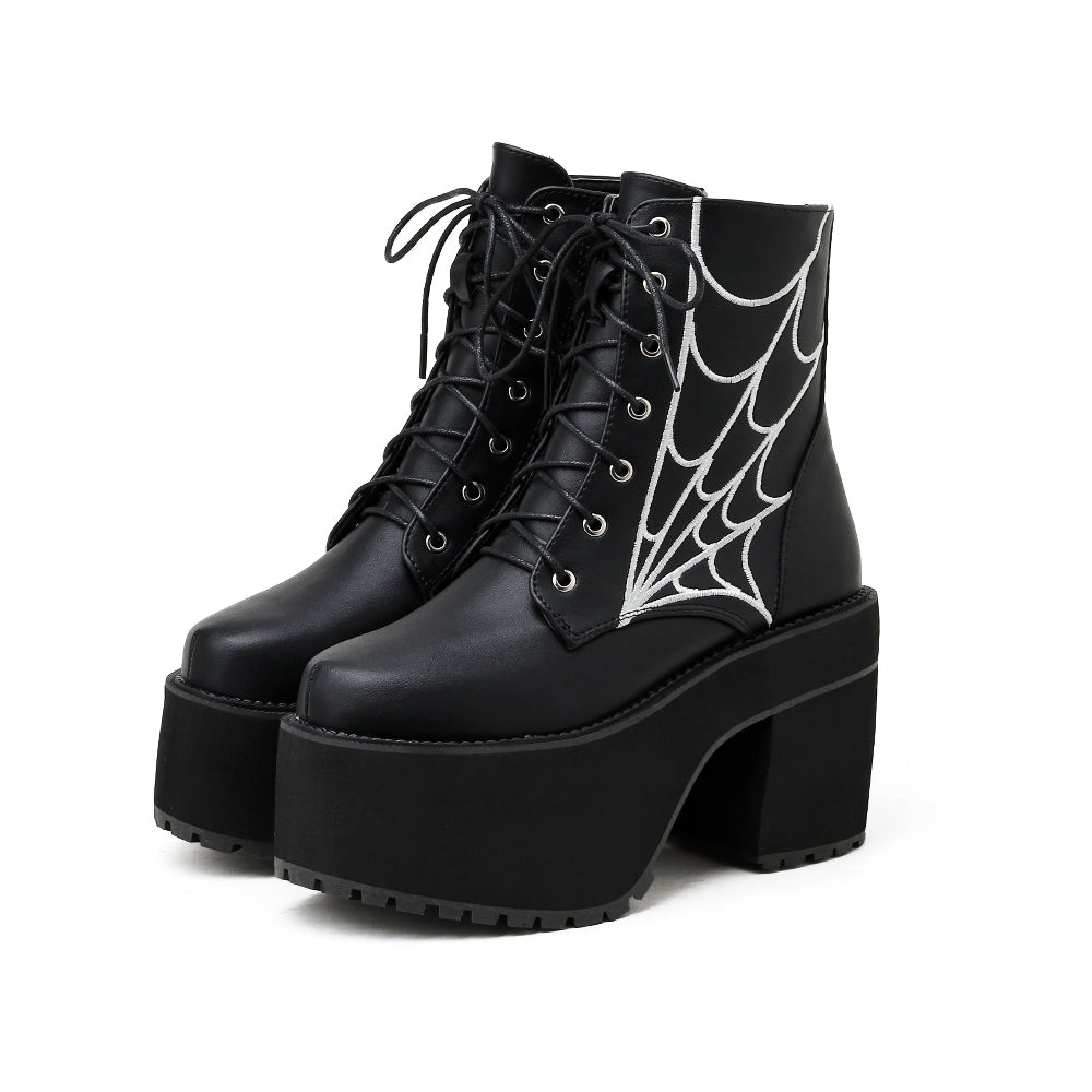 Gothic Spider Web Lace Up Platform Boots