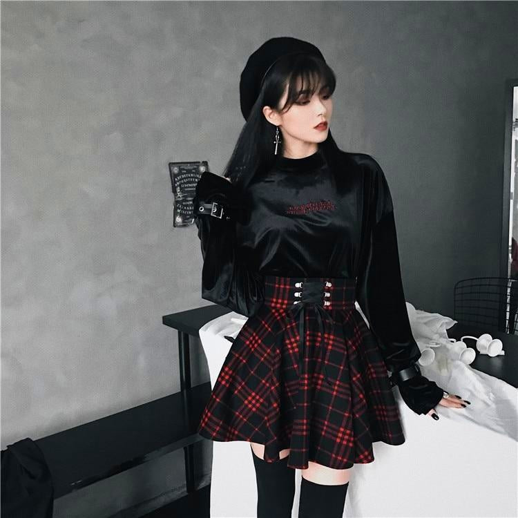 Gothic Harajuku Red Black Lace Up Plaid Skirt