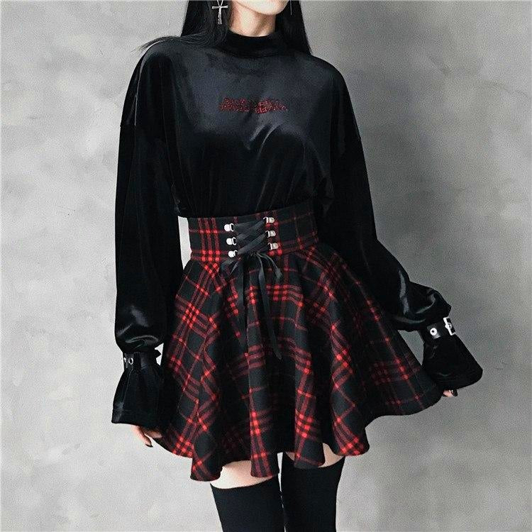 Gothic Harajuku Red Black Lace Up Plaid Skirt