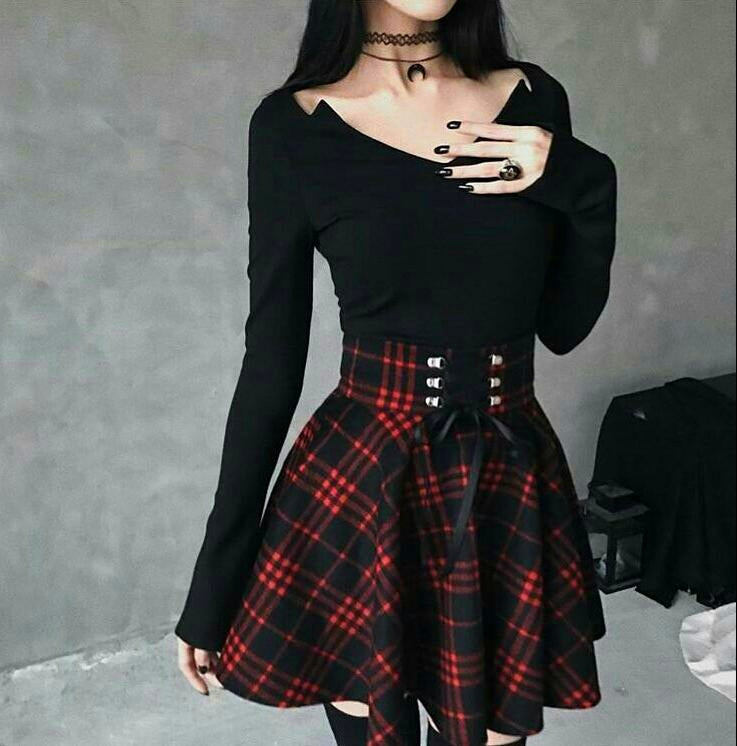 Gothic Harajuku Red Black Lace Up Plaid Skirt