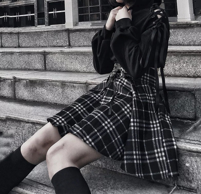 Gothic Harajuku Black White Lace Up Plaid Mini Skirt