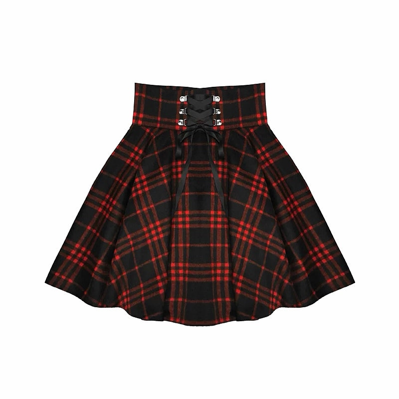 Gothic Harajuku Red Black Lace Up Plaid Skirt