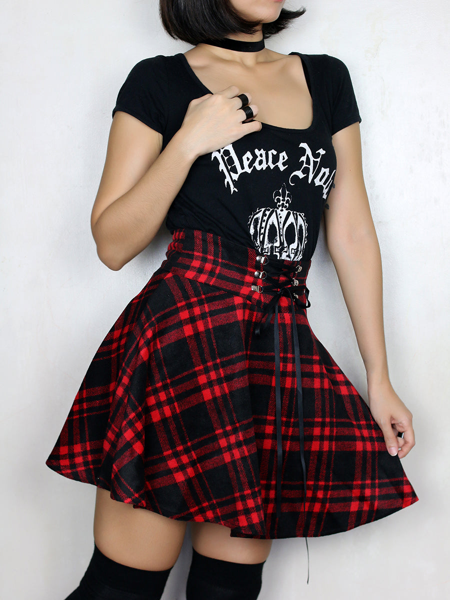 Gothic Harajuku Red Black Lace Up Plaid Skirt