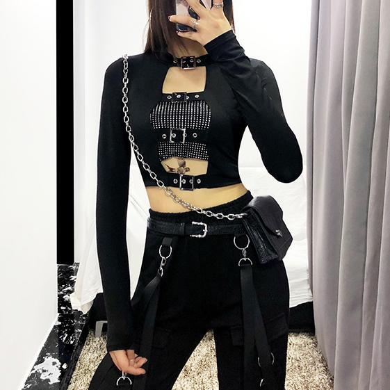 Gothic Buckle Hollow Out Front Long Sleeve Crop Top