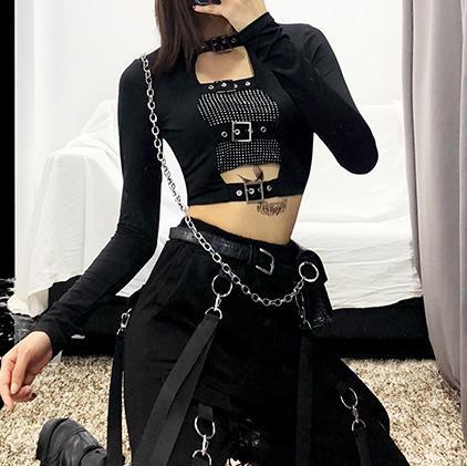 Gothic Buckle Hollow Out Front Long Sleeve Crop Top