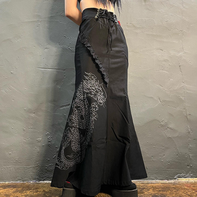 Gothic Y2K Grunge Dragon Print Long Skirt