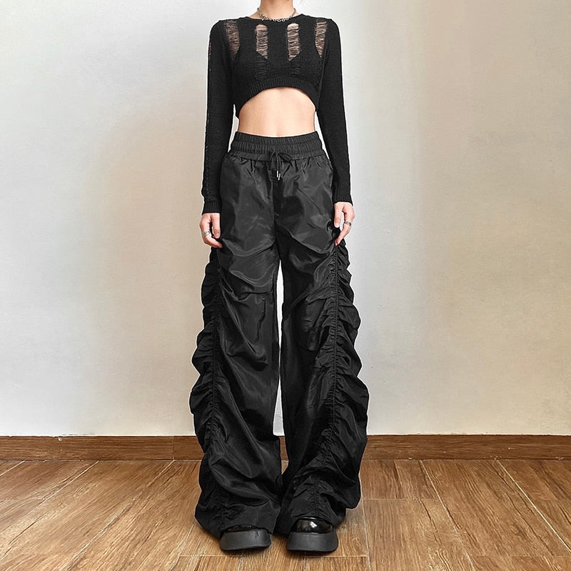 Gothic Grunge Wide Leg Ruched Drawstring Pants