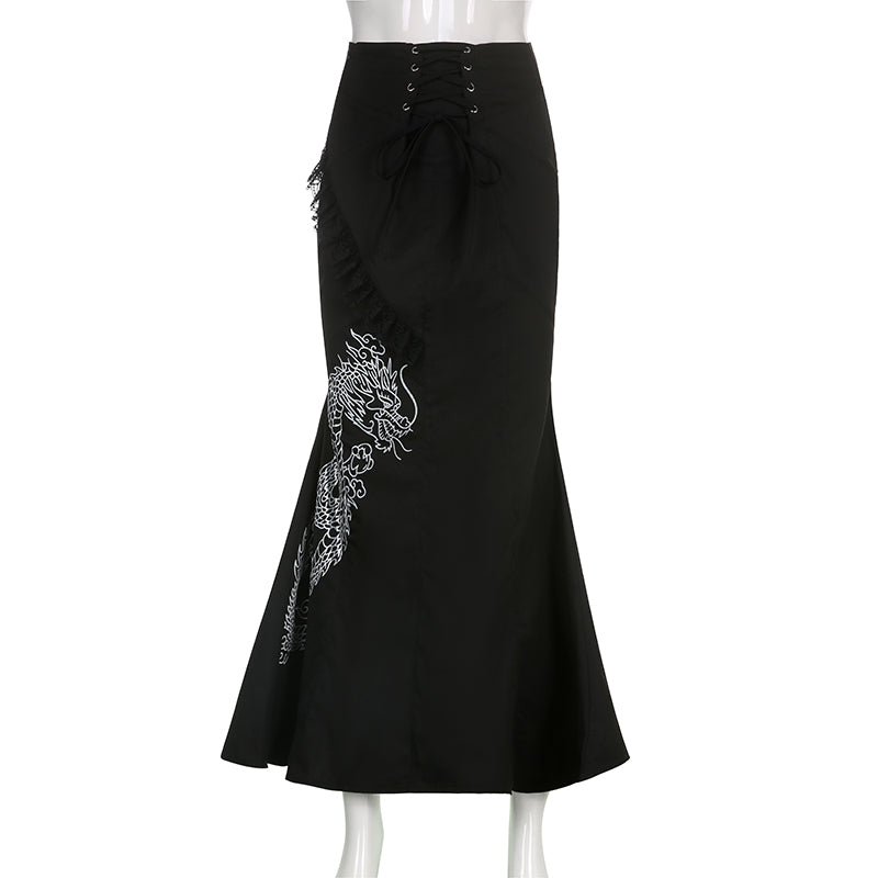 Gothic Y2K Grunge Dragon Print Long Skirt