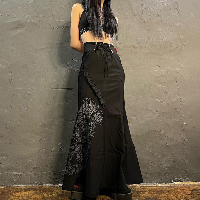 Gothic Y2K Grunge Dragon Print Long Skirt