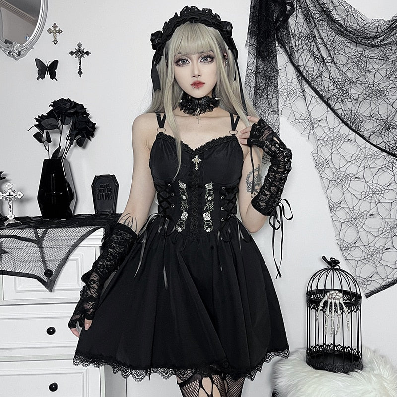 Gothic Rose Embroidery Lace Up Faux Corset Mini Dress