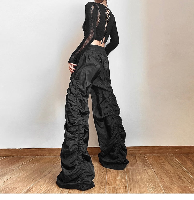 Gothic Grunge Wide Leg Ruched Drawstring Pants