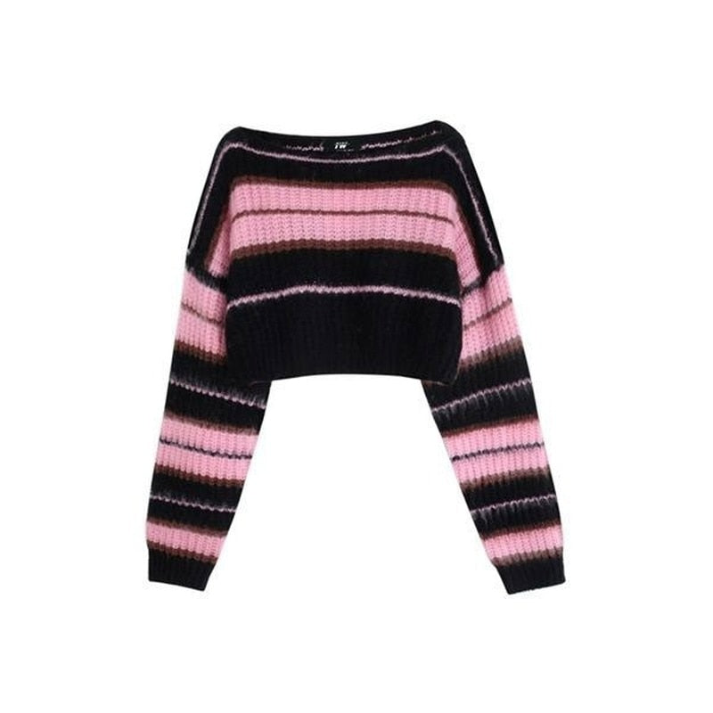 Gothic Y2K Harajuku Black Pink Striped Pullover Sweater Top