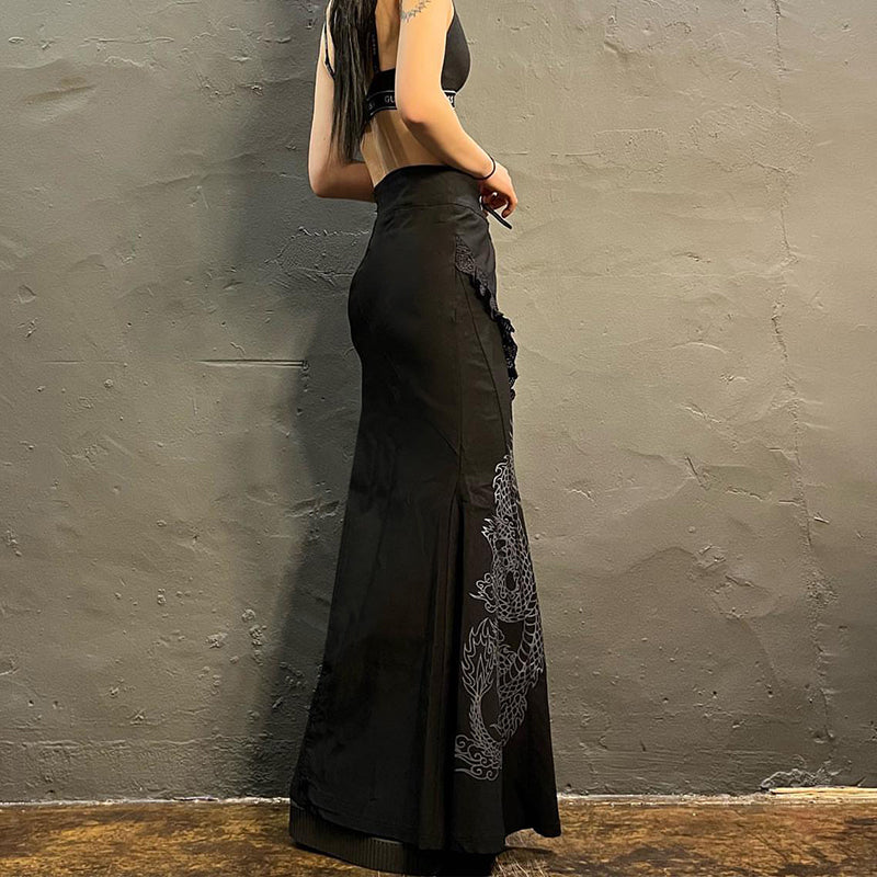 Gothic Y2K Grunge Dragon Print Long Skirt