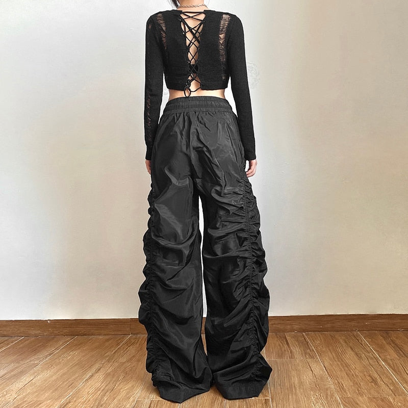 Gothic Grunge Wide Leg Ruched Drawstring Pants