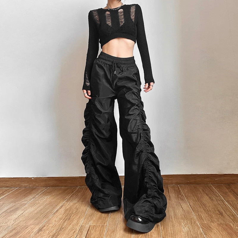 Gothic Grunge Wide Leg Ruched Drawstring Pants