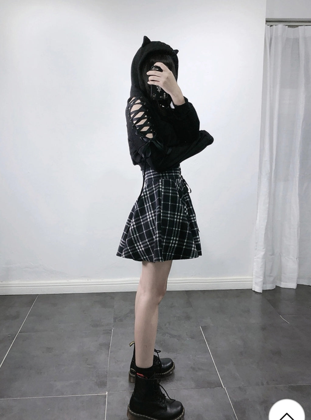 Gothic Harajuku Black White Lace Up Plaid Mini Skirt