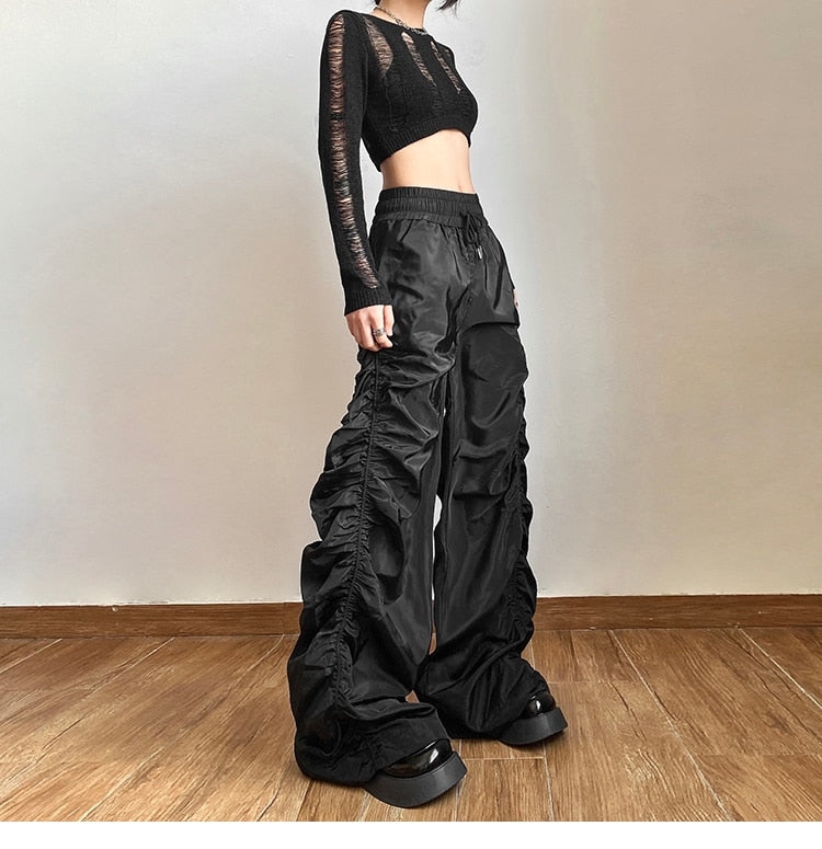 Gothic Grunge Wide Leg Ruched Drawstring Pants