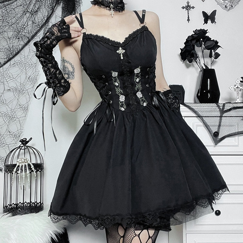 Gothic Rose Embroidery Lace Up Faux Corset Mini Dress ROCK 'N DOLL Gothic Rose Embroidery Lace Up Faux Corset Mini Dress ROCK 'N DOLL