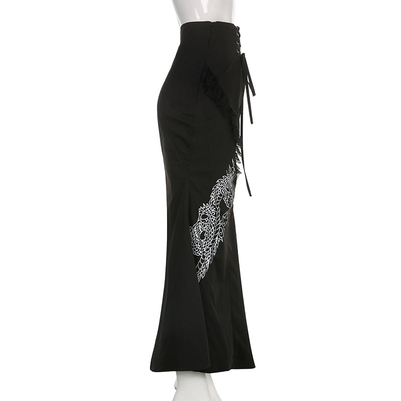 Gothic Y2K Grunge Dragon Print Long Skirt