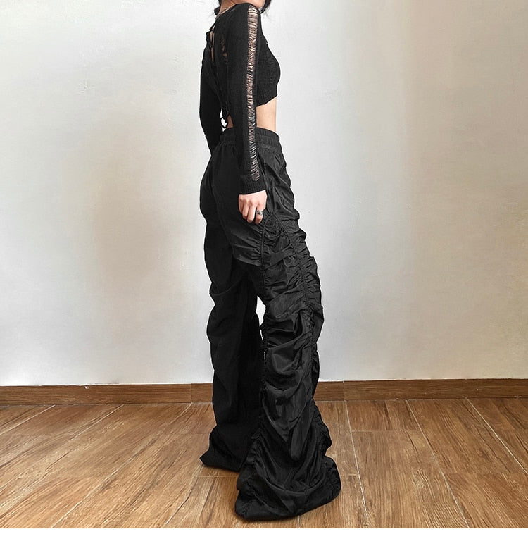 Gothic Grunge Wide Leg Ruched Drawstring Pants