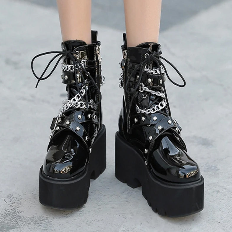 Gothic Grunge Chains and Studs Buckle Strap Platform Boots