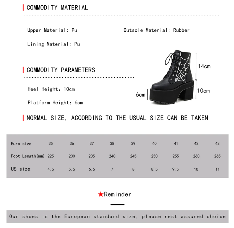 Gothic Spider Web Lace Up Platform Boots