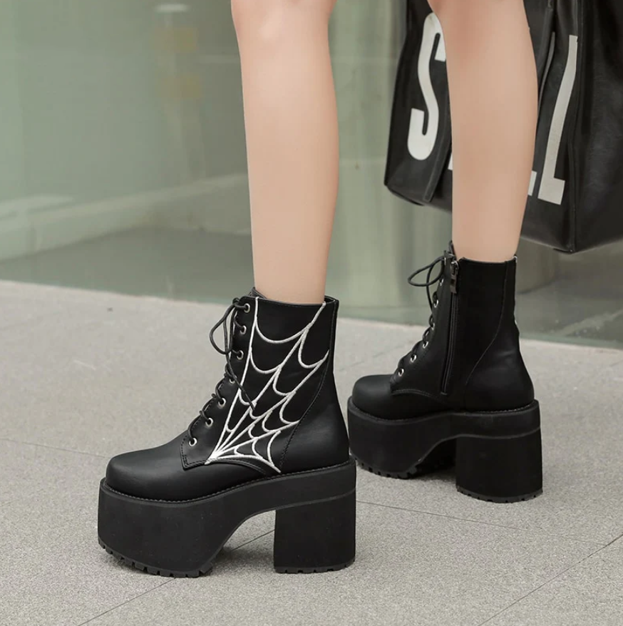 Gothic Spider Web Lace Up Platform Boots