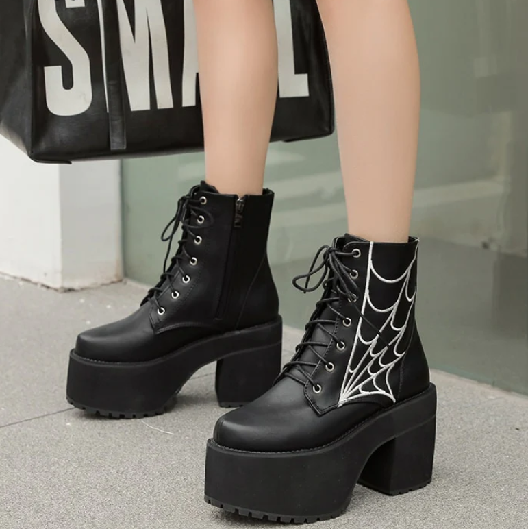 Gothic Spider Web Lace Up Platform Boots