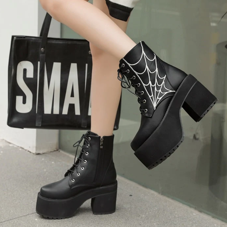 Gothic Spider Web Lace Up Platform Boots