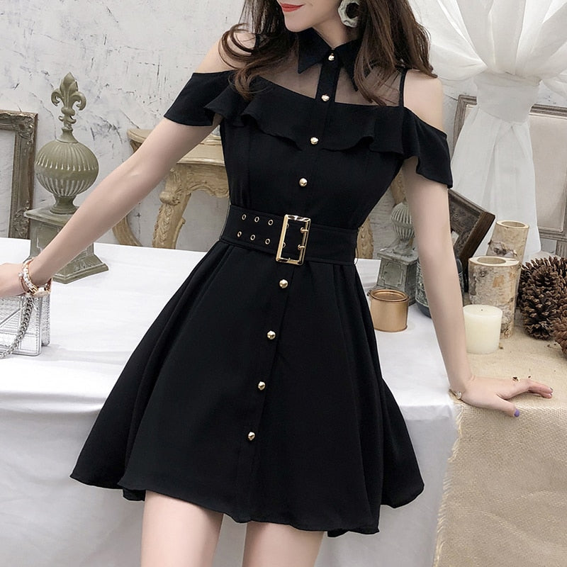 Gothic Cold Shoulder Turn Down Collar Belted Dress