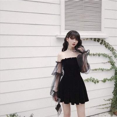 Gothic Off Shoulder Lantern Mesh Sleeve Mini Dress (Available in size S to XL)