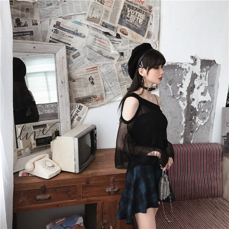 Gothic Blue Sling Strap Plaid Dress