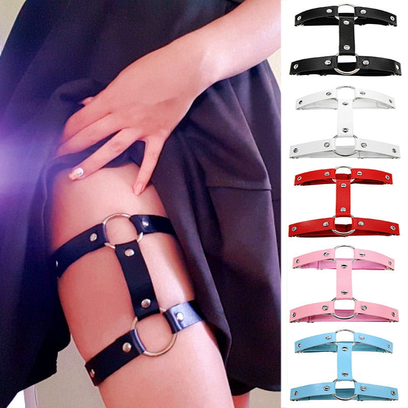 Gothic Faux Leather O-Ring Double Strap Leg Harness