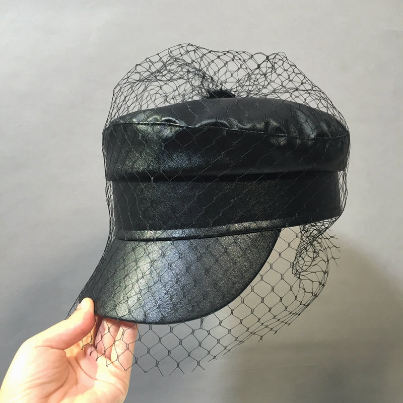 Gothic Faux Leather Newsboy Hat with Veil Mesh