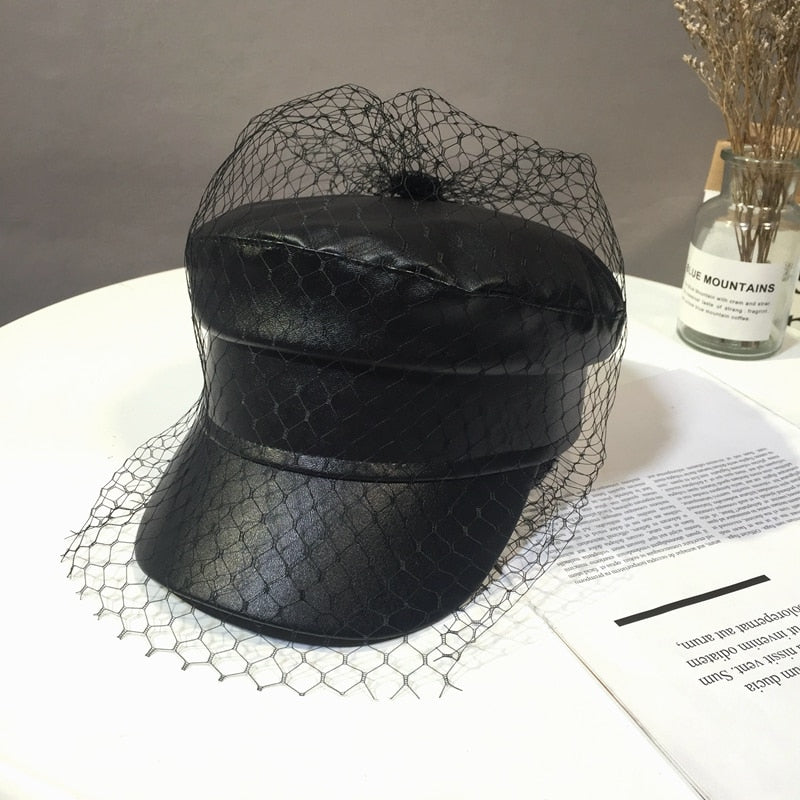 Gothic Faux Leather Newsboy Hat with Veil Mesh