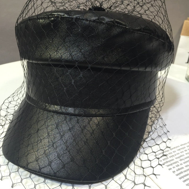 Gothic Faux Leather Newsboy Hat with Veil Mesh