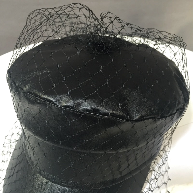 Gothic Faux Leather Newsboy Hat with Veil Mesh