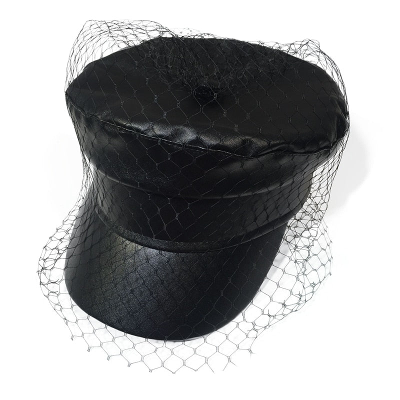 Gothic Faux Leather Newsboy Hat with Veil Mesh